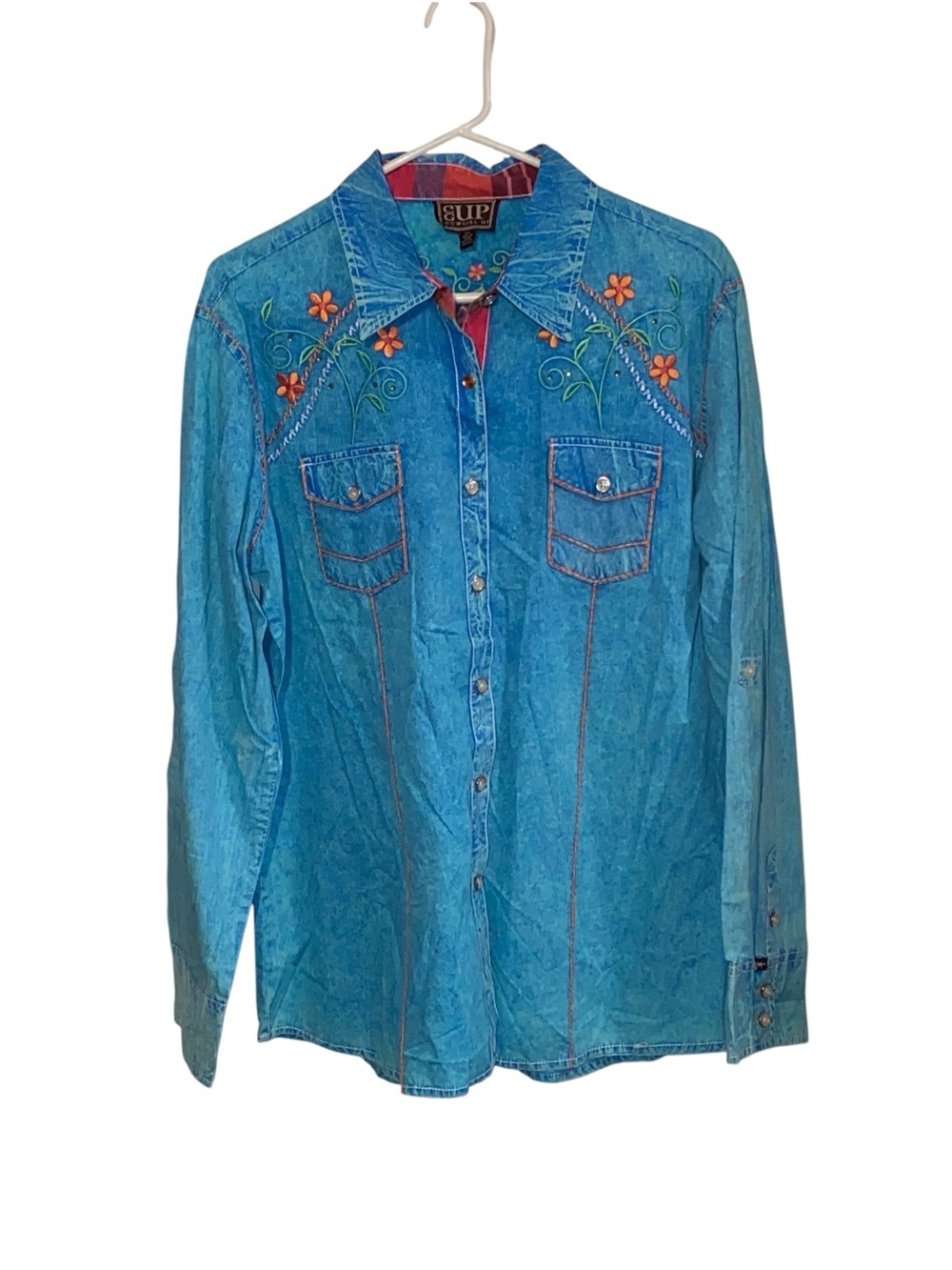 Cowgirl Up Western Embroidered Light Wash Denim Button Down Shirt